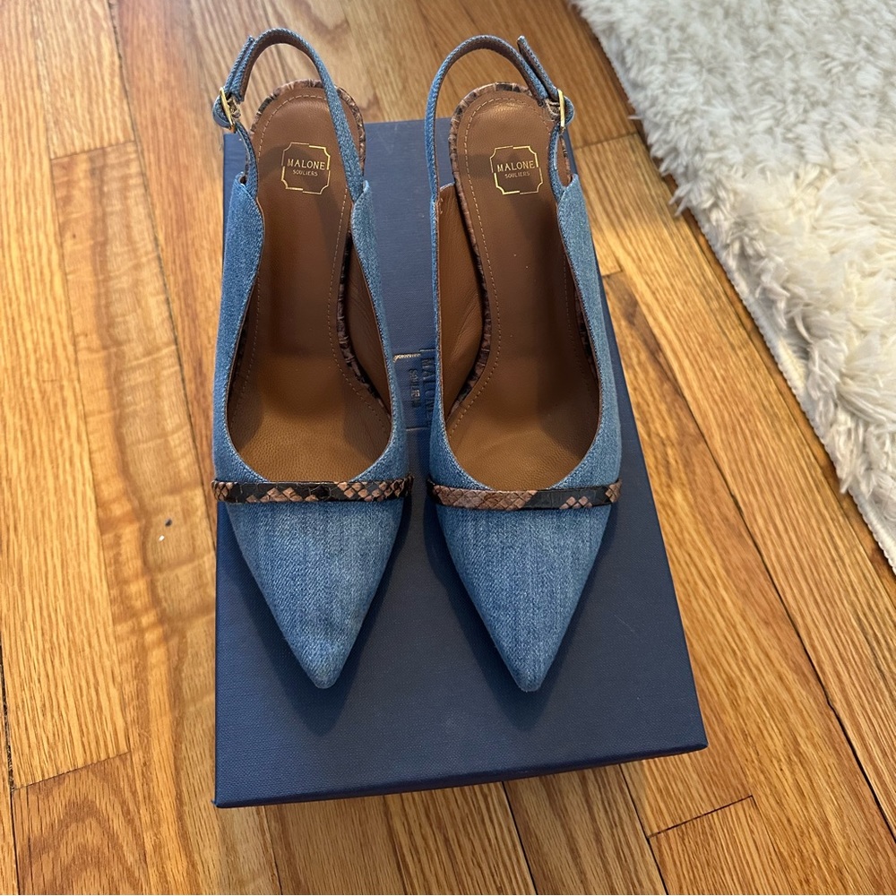 Malone Souliers denim sling back heels
